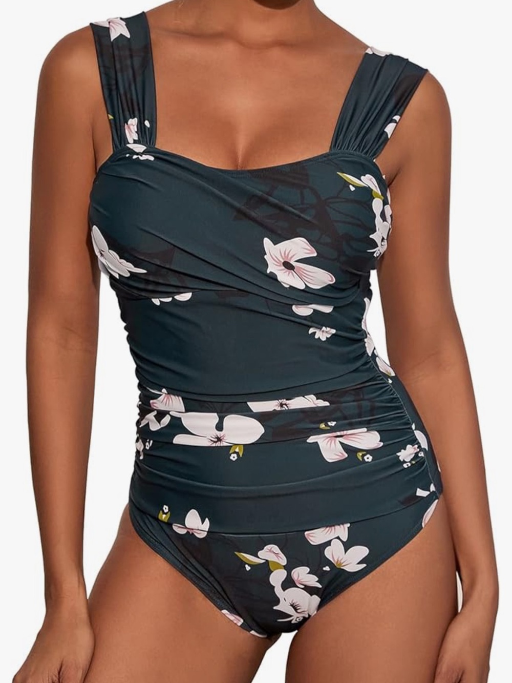 Dark Green Floral One-Piece Swimsuit with Wide Straps